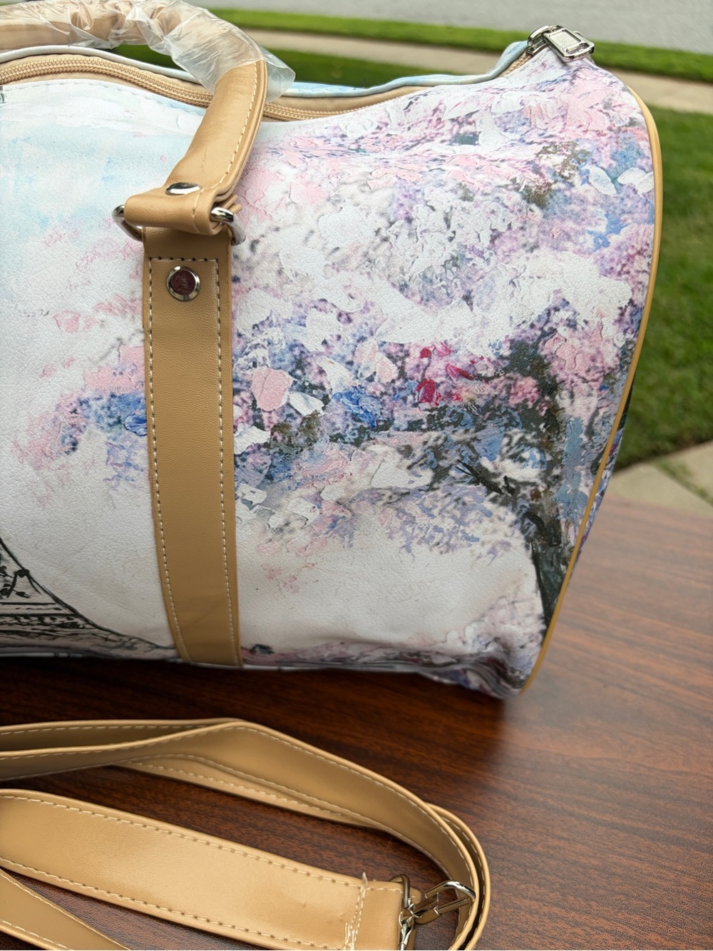 Paris Eiffel Tower Floral Weekender Duffel Bag Shoulder Strap New - Picture 4 of 11